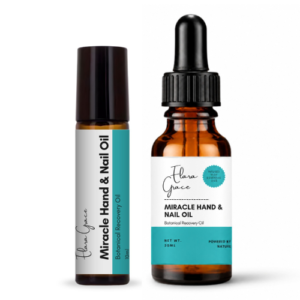 Two amber bottles labeled Miracle Hand & Nail Oil with white and teal labels, one with a dropper cap, shown side by side.