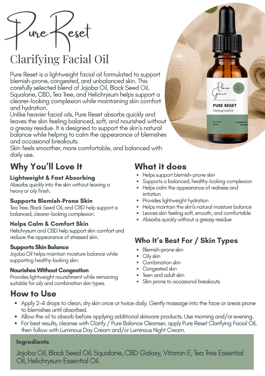 Pure Reset Info - Landi Goodies Infographic for Pure Reset Clarifying Facial Oil: bottle image on the right with sections detailing benefits, usage, and ingredients on the left.